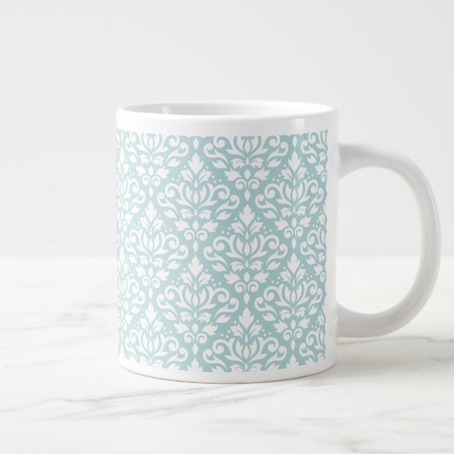 Scroll Damask Pattern White on Duck Egg Blue (B) Large Coffee Mug (Right)
