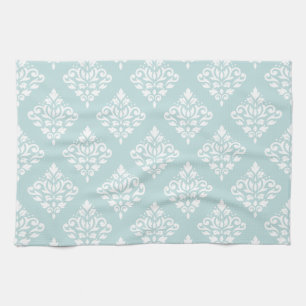 Scroll Damask Ptn (2) White on Duck Egg Blue (B) Tea Towel