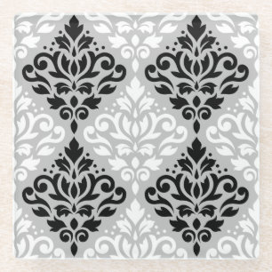 Scroll Damask Ptn B&W on Grey Glass Coaster