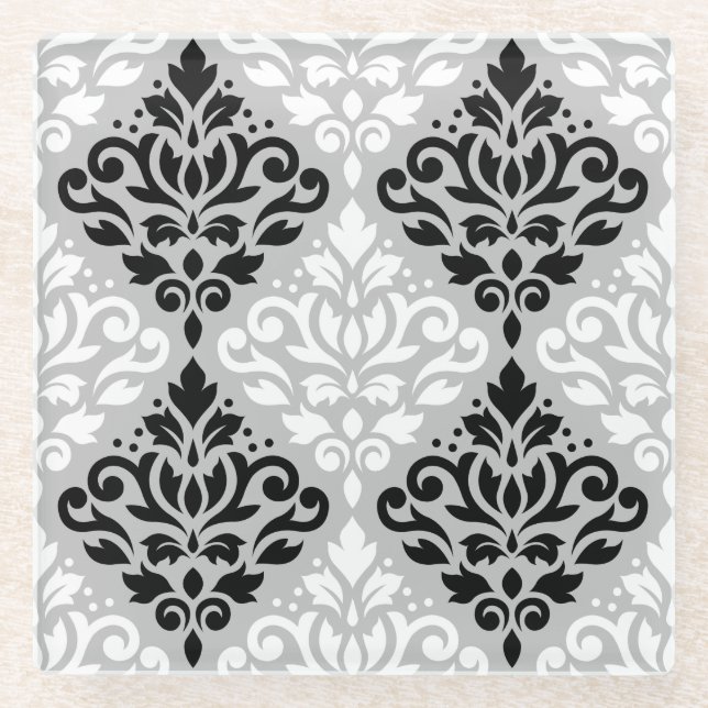 Scroll Damask Ptn B&W on Grey Glass Coaster (Front)