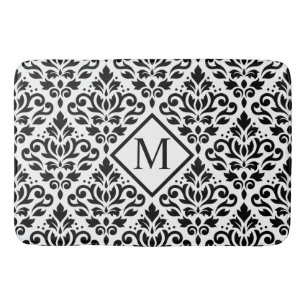 Scroll Damask Ptn Black on White (Personalised) Bath Mat