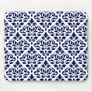 Scroll Damask Ptn Navy Blue on White Mouse Mat