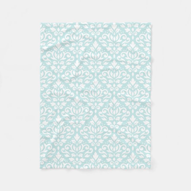 Scroll Damask Ptn White on Duck Egg Blue Fleece Blanket (Front)