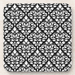 Scroll Damask Repeat Pattern White on Black Coaster