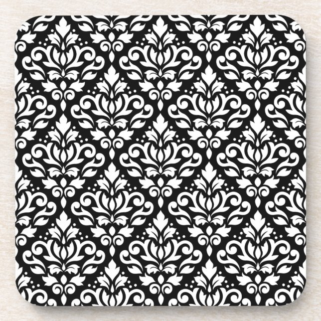 Scroll Damask Repeat Pattern White on Black Coaster (Front)