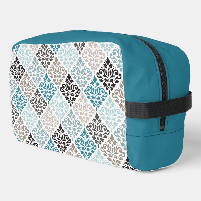 Scroll Damask Rpt Pattern Teals Browns White Dopp Kit (Left Corner)