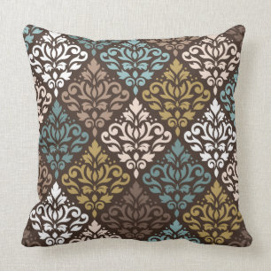Scroll Damask Rpt Ptn Teals Browns Gold Crm White Cushion