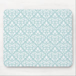 Scroll Damask Rpt Ptn White on Duck Egg Blue (B) Mouse Mat<br><div class="desc">Scroll and leaf decorative damask surface pattern design in white detail on a duck egg blue colour background.</div>
