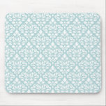 Scroll Damask Rpt Ptn White on Duck Egg Blue (B) Mouse Mat<br><div class="desc">Scroll and leaf decorative damask surface pattern design in white detail on a duck egg blue colour background.</div>