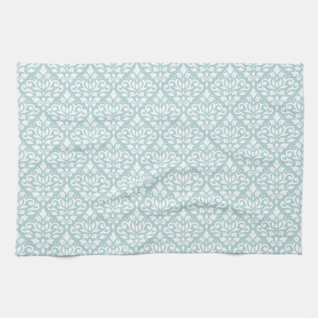 Scroll Damask Rpt Ptn White on Duck Egg Blue (B) Tea Towel (Horizontal)