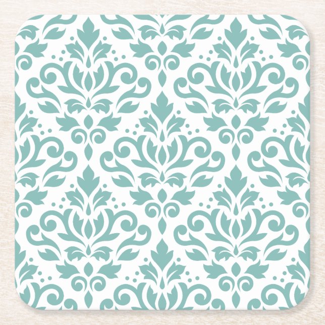 Scroll Damask Teal Pattern Square Paper Coaster (Front)