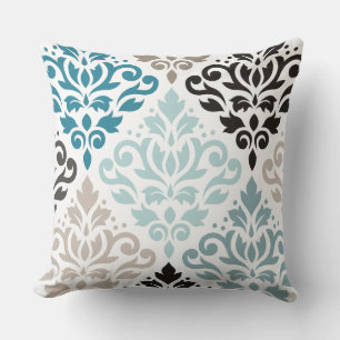 Scroll Damask XLg Pattern Art Teals Browns White Cushion