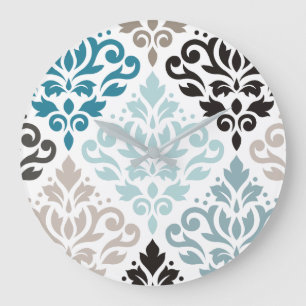 Scroll Damask XLg Pattern Art Teals Browns White Large Clock