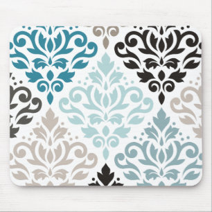 Scroll Damask XLg Pattern Art Teals Browns White Mouse Mat