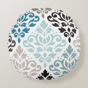 Scroll Damask XLg Pattern Art Teals Browns White Round Cushion