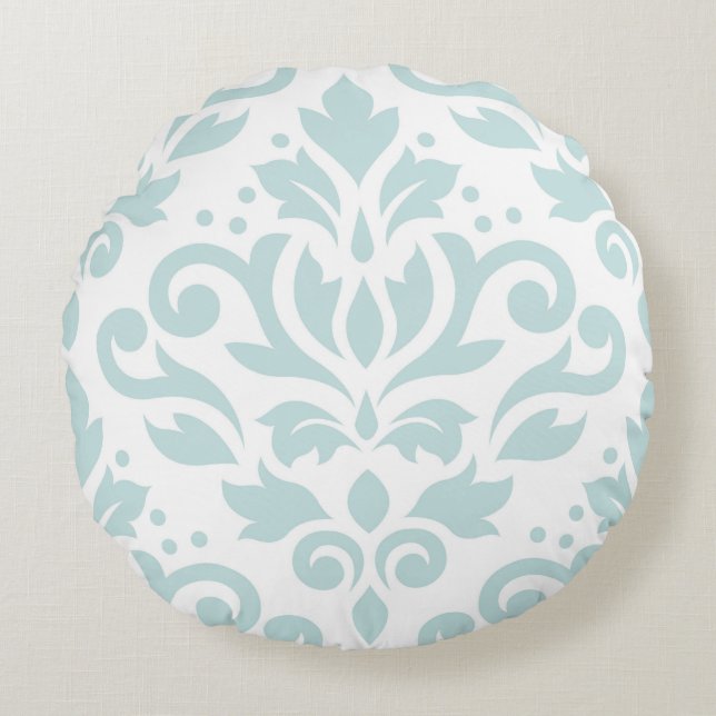 Scroll Damask XLg Ptn Lt Duck Egg Blue on White Round Cushion (Front)