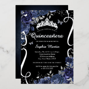 Scroll Floral Butterfly Black Navy Quinceanera