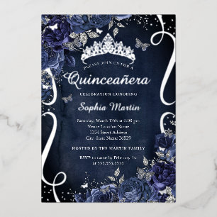 Scroll Floral Butterfly Elegant Navy Quinceanera