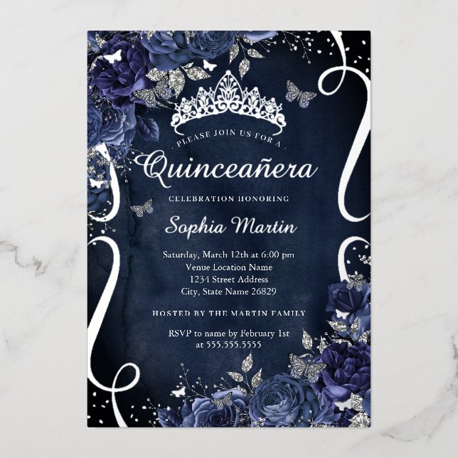 Scroll Floral Butterfly Elegant Navy Quinceanera (Front)