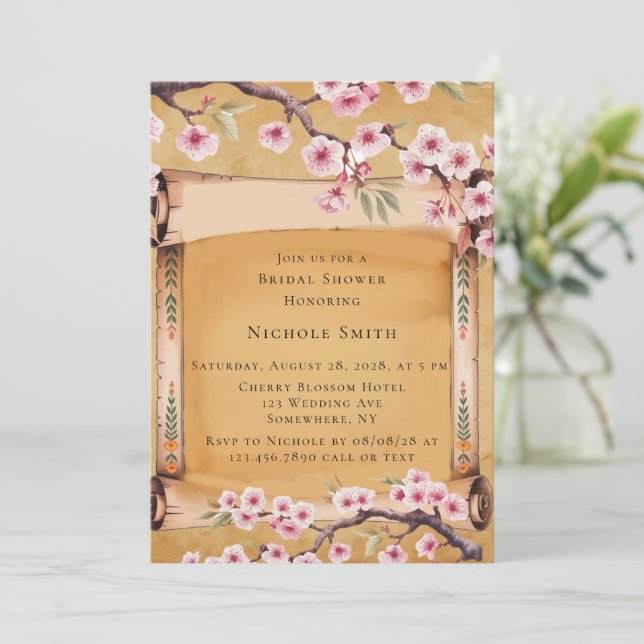 Scroll Japanese Cherry Blossom Bridal Shower Invitation (Standing Front)