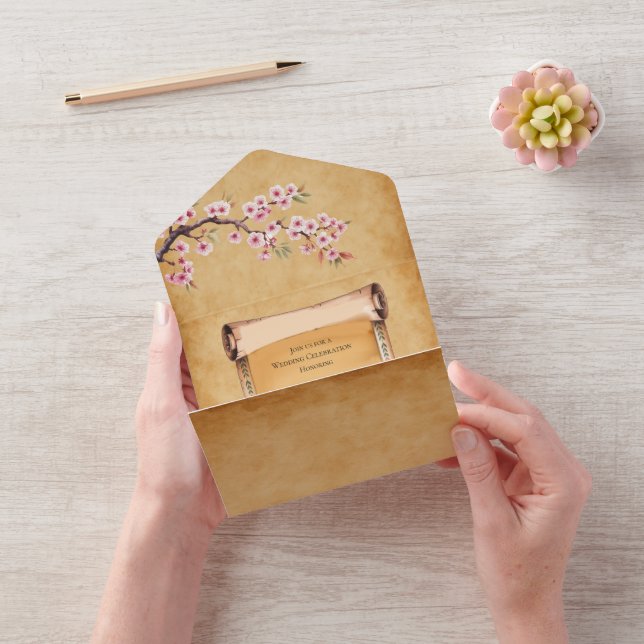 Scroll Japanese Cherry Blossom Wedding Celebration All In One Invitation (Video)