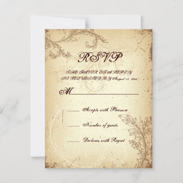 Scroll leaf beige brown vintage wedding RSVP card (Front)