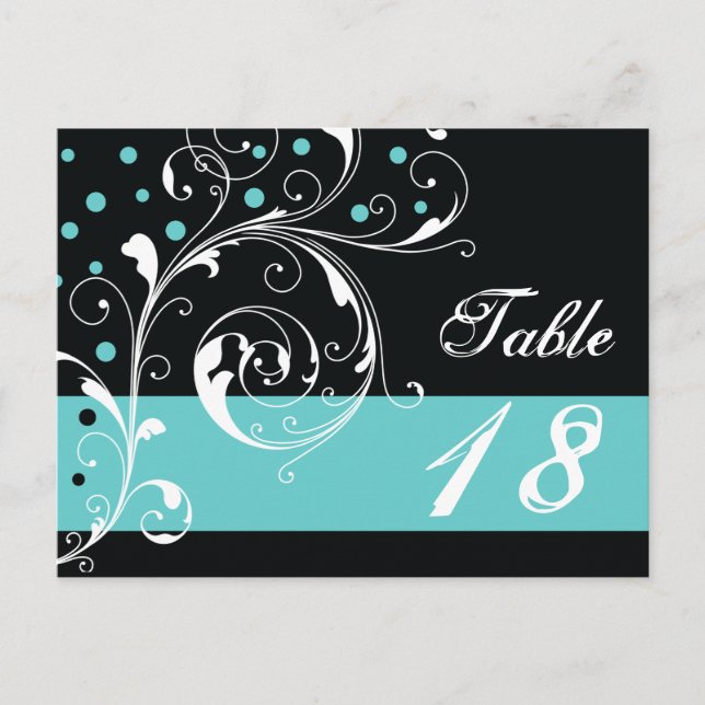 Scroll leaf black, aqua wedding Table number Postcard (Front)