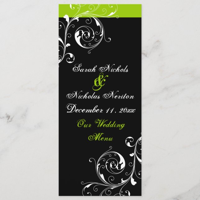 Scroll leaf black, green wedding menu card (Front)