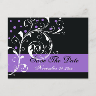 Scroll leaf black purple wedding Save the Date Announcement Postcard