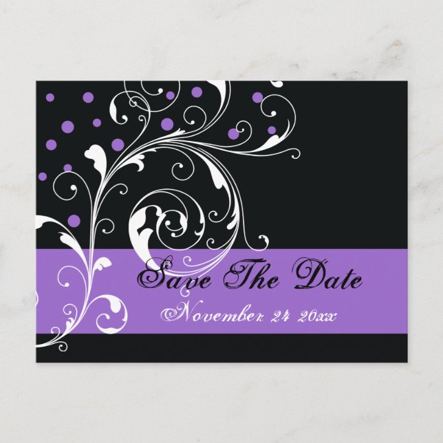 Scroll leaf black purple wedding Save the Date Announcement Postcard (Front)