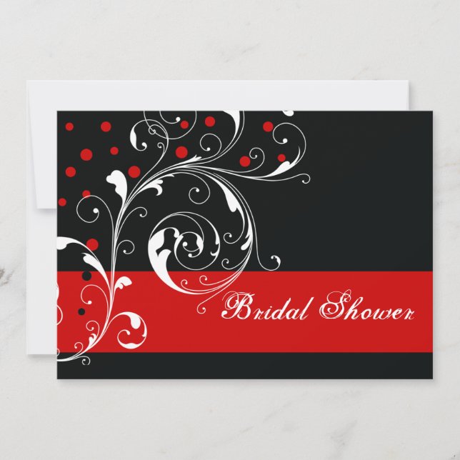 Scroll leaf black, red wedding bridal shower invitation (Front)