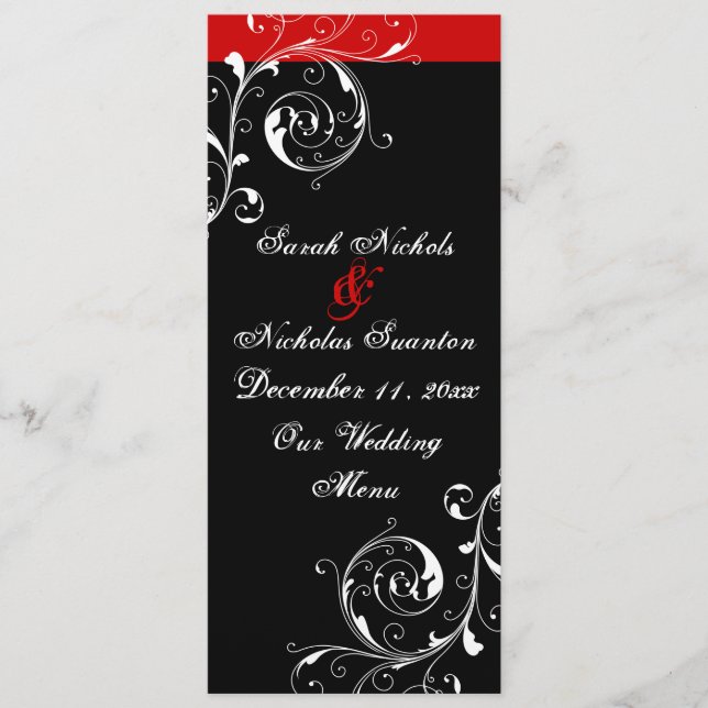 Scroll leaf black, red wedding menu card (Front)