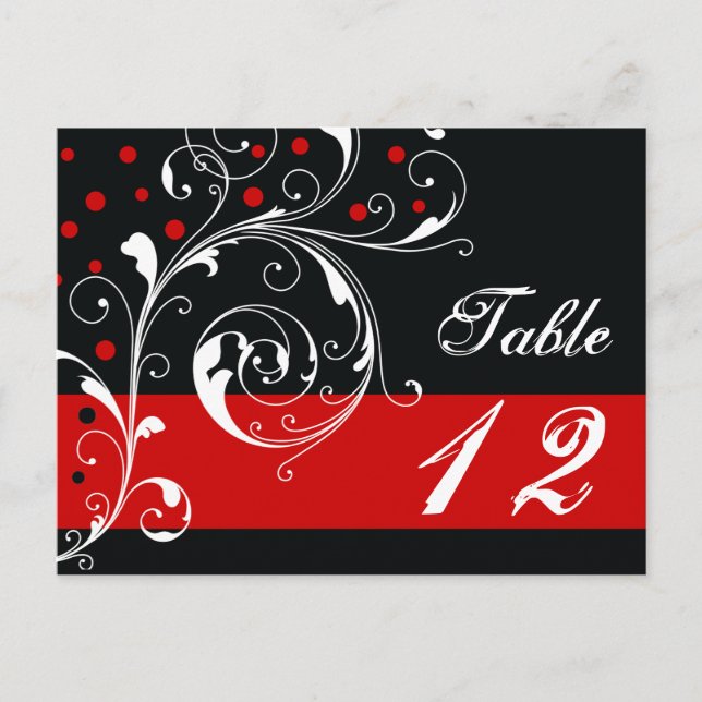 Scroll leaf black, red wedding Table number Postcard (Front)