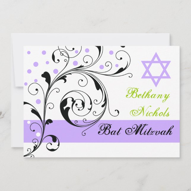 Scroll leaf black, white, purple & Star of David Invitation (Front)
