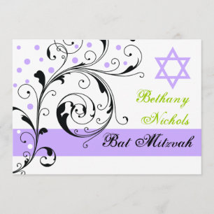 Scroll leaf black, white, purple & Star of David Invitation