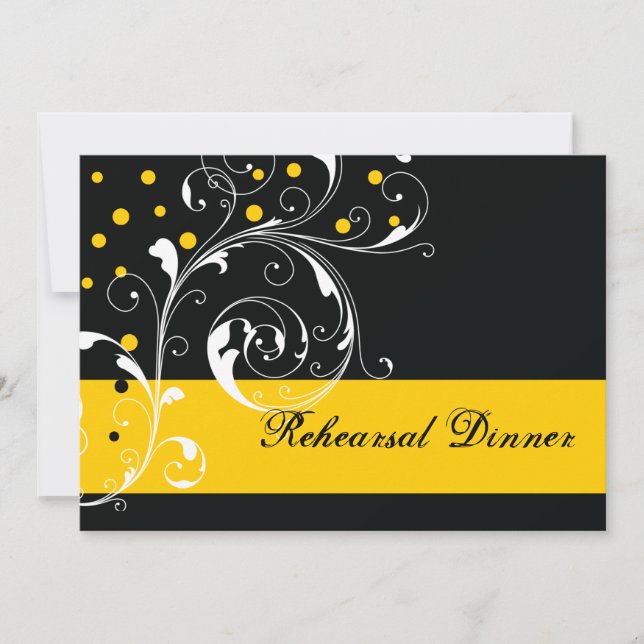 Scroll leaf black, yellow wedding rehearsal dinner invitation (Front)