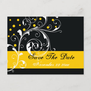 Scroll leaf black, yellow wedding Save the Date Announcement Postcard