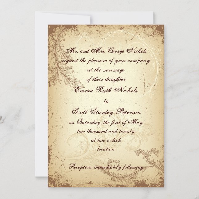Scroll leaf vintage brown beige wedding invitation (Front)