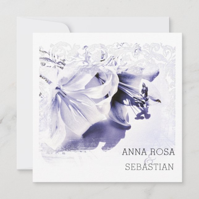 *~* Scroll Lily  AR12 QR PHOTO RSVP Floral Wedding Invitation (Front)