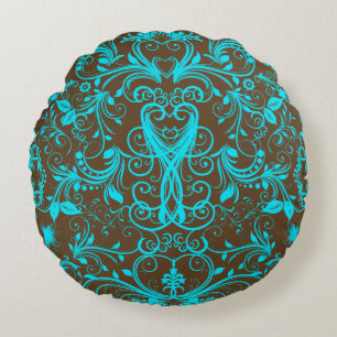 Scroll Work, Aqua Blue-Round Throw Pillow