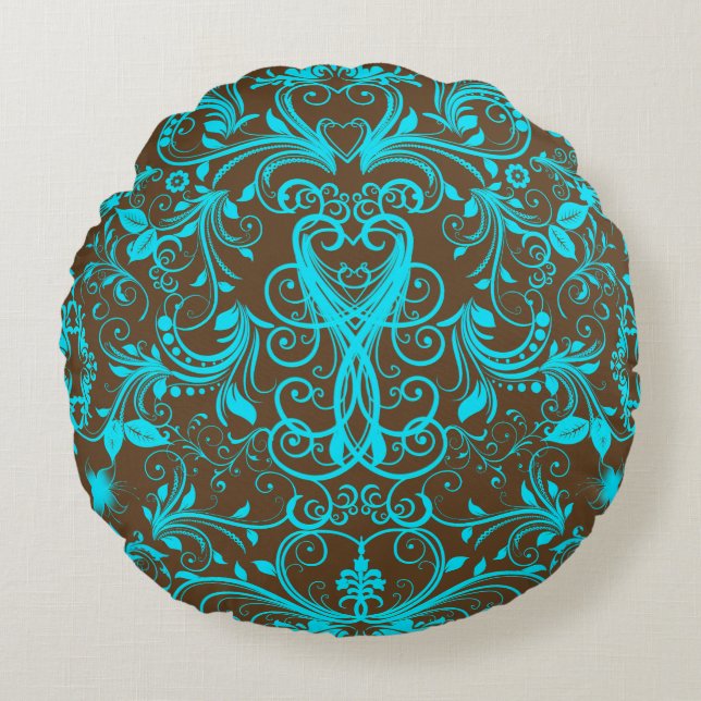 Scroll Work, Aqua Blue-Round Throw Pillow (Front)