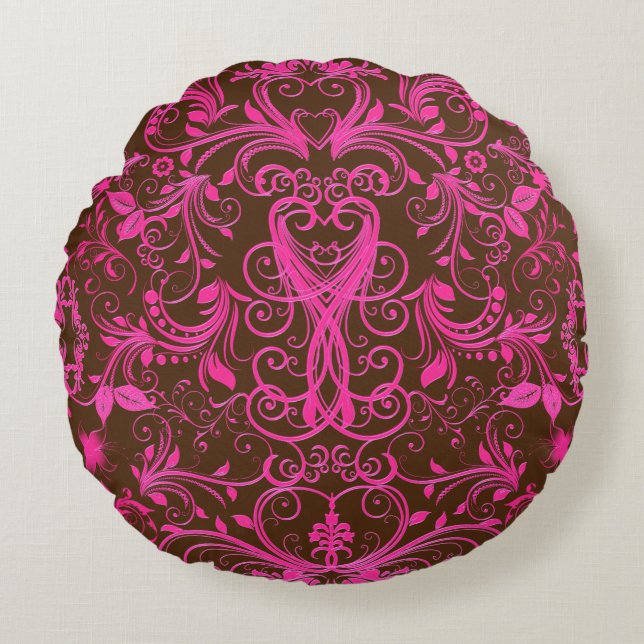 Scroll Work, Hot Pink-Round Throw Pillow (Front)