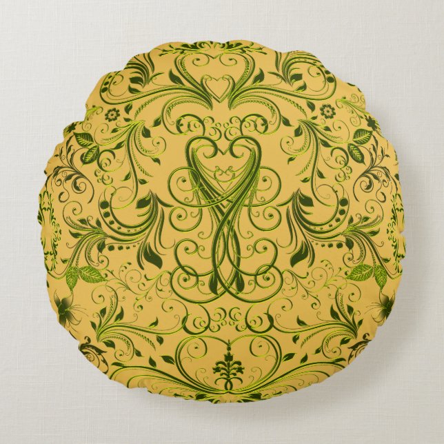 Scroll Work, Spring Green-Round Throw Pillow (Front)