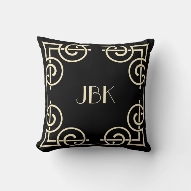 Scrolled Border, Monogram, Cream on Black Cushion (Front)