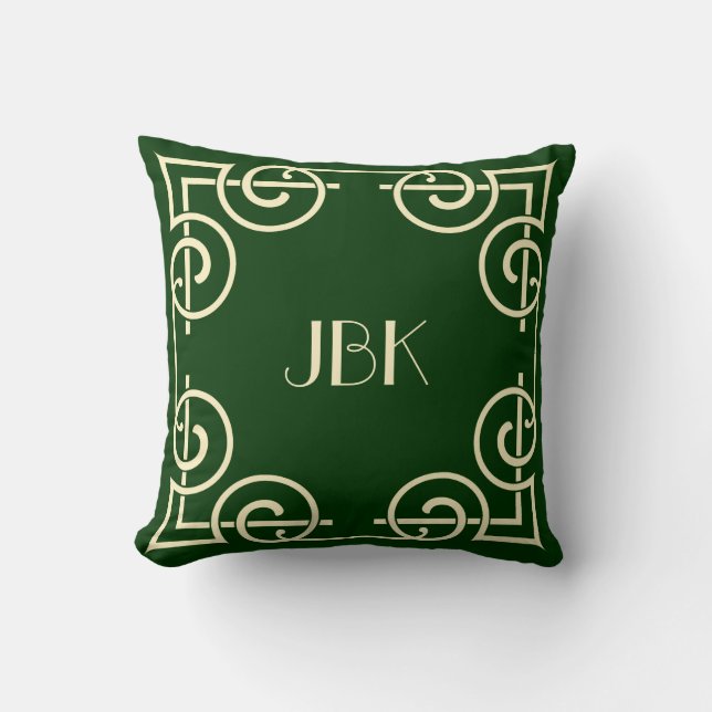 Scrolled Border Monogram Cream on Hunter Green Cushion (Front)