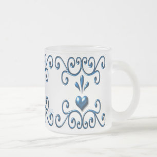 Scrolled Hearts frosted glass mug rich blue