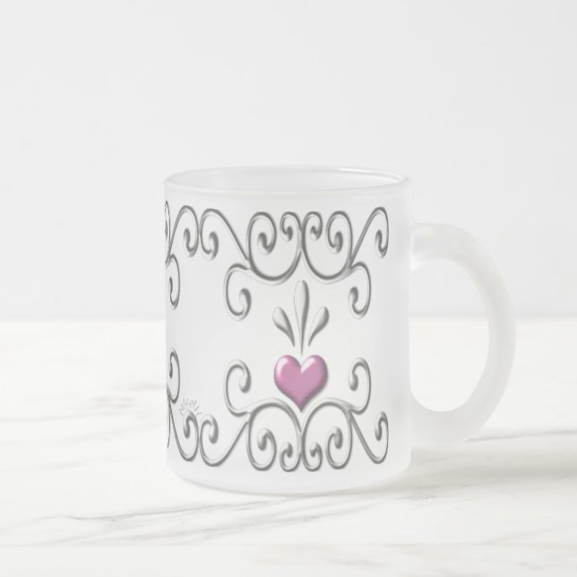 Scrolled Hearts pink small Frosted Glass Mug (Right)