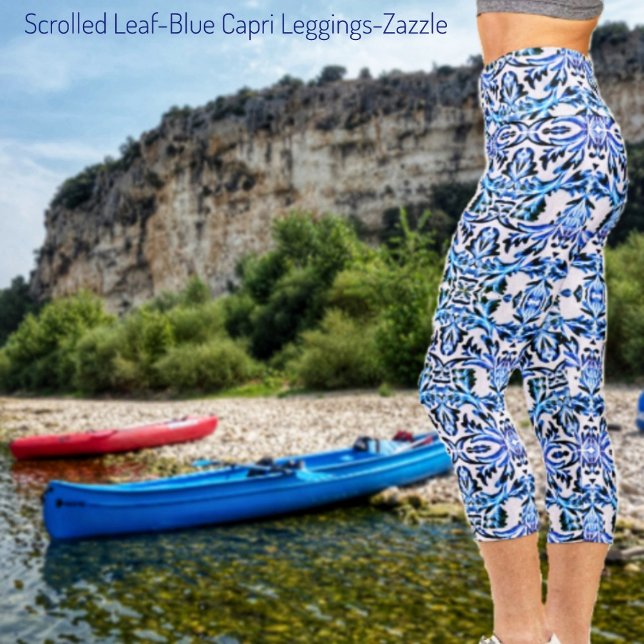 Scrolled Leaf Blue Capri Leggings (Creator Uploaded)