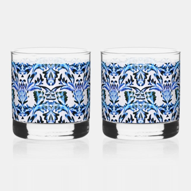 Scrolled Leaf Blue  Whiskey Glass (Front)