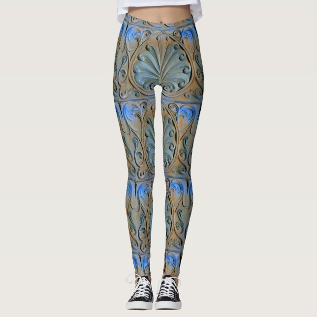 scrolled stonework grey blue leggings (Front)